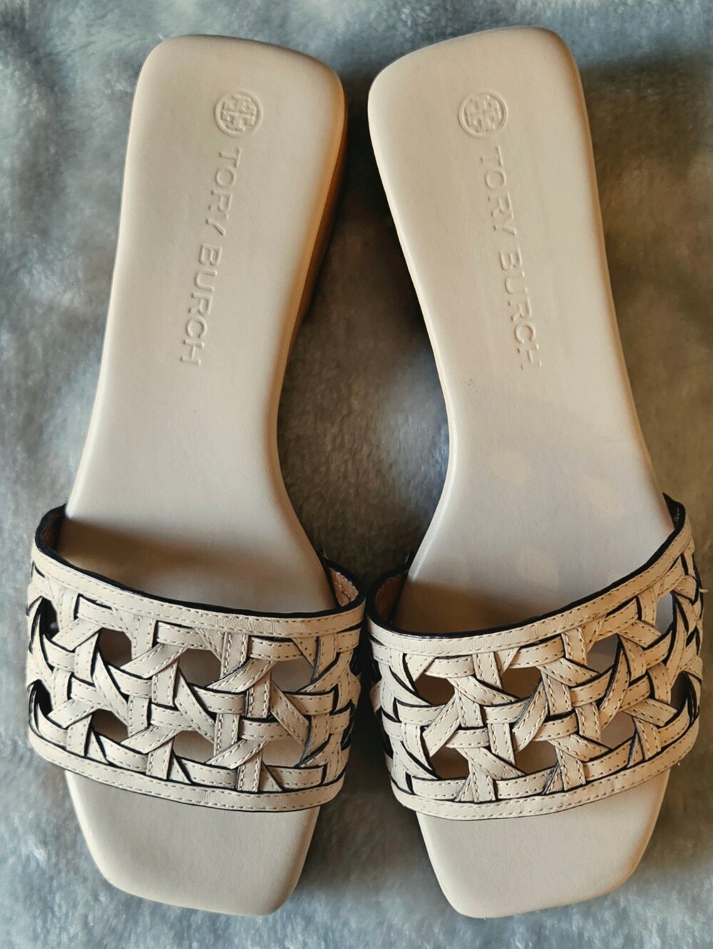 Tory Burch Cream Woven Leather Slide Mules